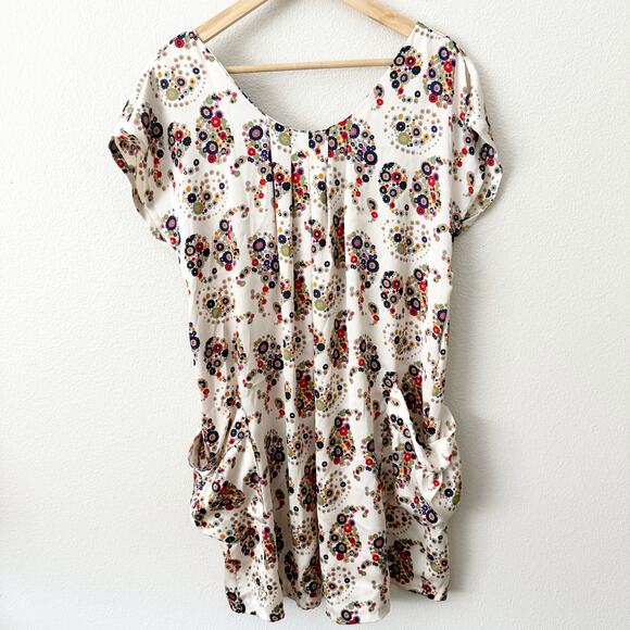 BALCONY | White Mod Floral Dress Side Pockets Bow Front Y2K Style | Size Medium - Picture 1 of 9